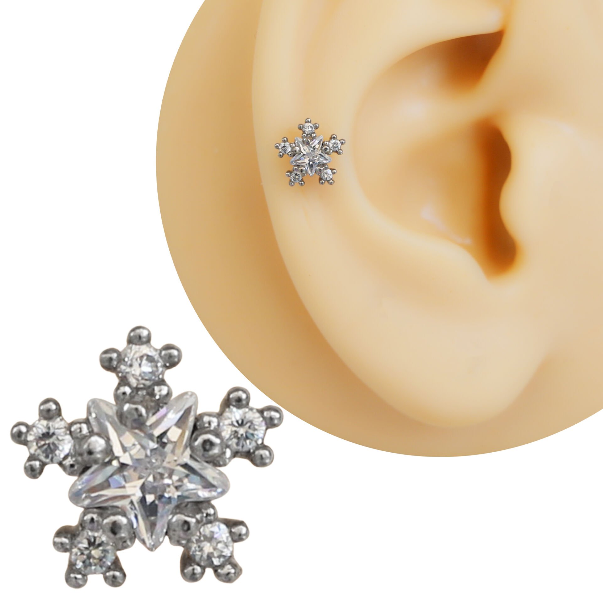 Kar Tanesi Figürlü Zirkon Taşlı 6x1,2 mm Çelik Piercing, Helix-Kıkırdak-Lobe-Auricle