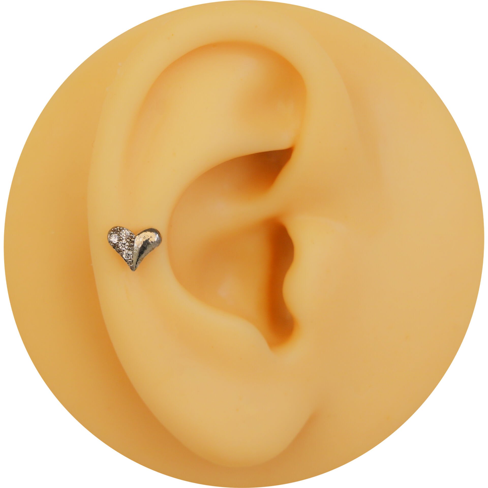 Yarım Zirkon Taşlı Kalp Figürlü 6x1,2 mm Çelik Piercing, Helix-Kıkırdak-Lobe-Auricle