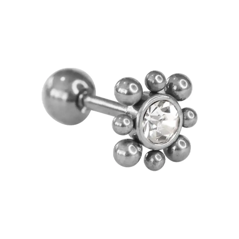 Gümüş renk, arkası vidalı top kapanışlı çiçek figürlü kıkırdak piercing çeşitleri