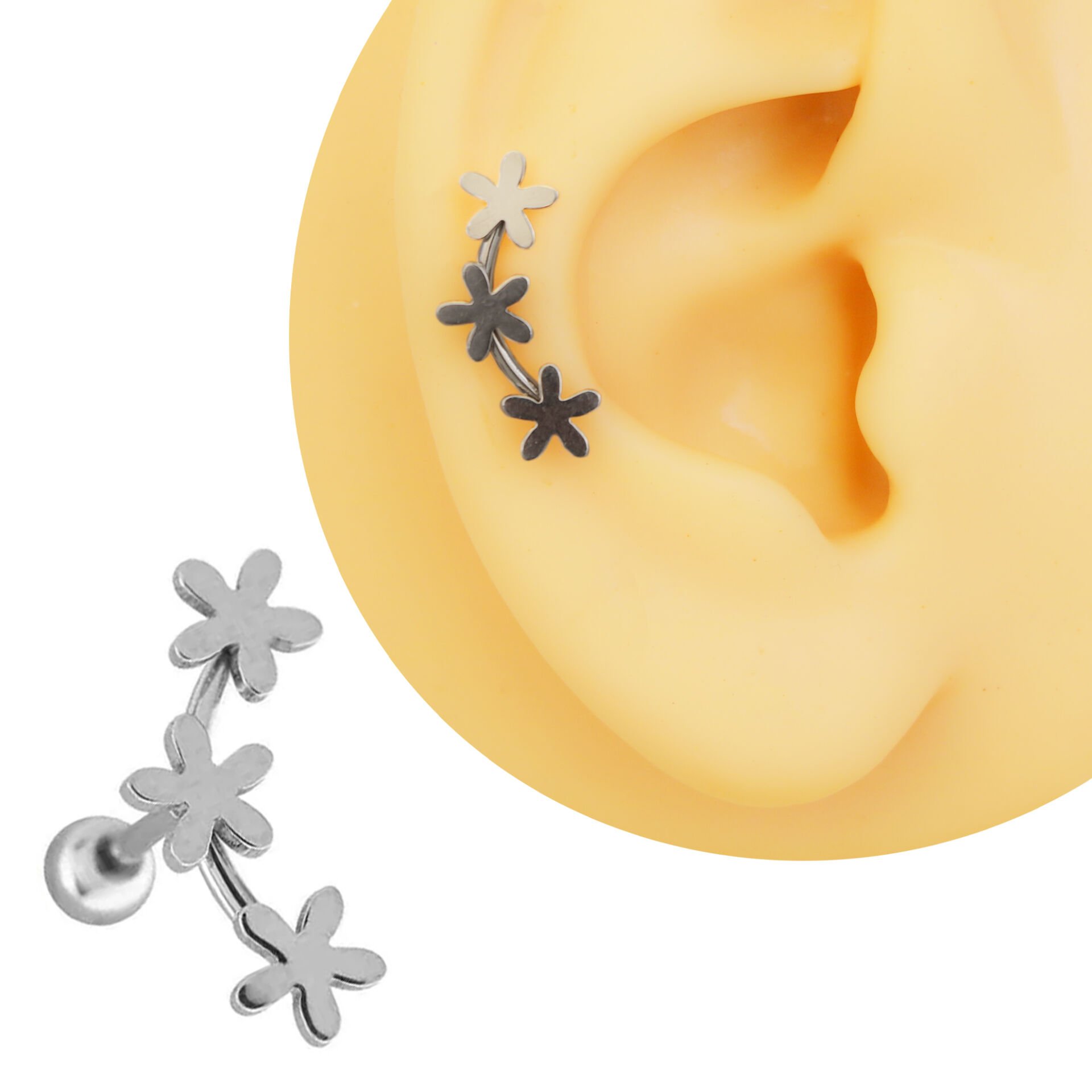 Üçlü Çiçek Figürlü 6x1,2 mm Çelik Piercing, Helix-Kıkırdak-Lobe-Auricle