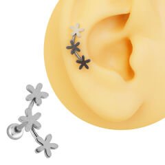 Üçlü Çiçek Figürlü 6x1,2 mm Çelik Piercing, Helix-Kıkırdak-Lobe-Auricle