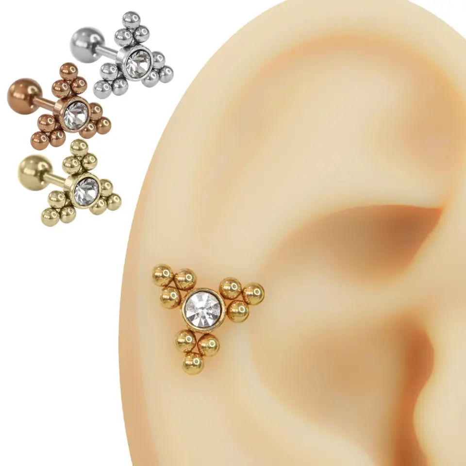 Merkezinde parlak taş bulunan çiçek tasarımlı cerrahi çelik rose, gümüş ve sarı renk helix piercing modeli