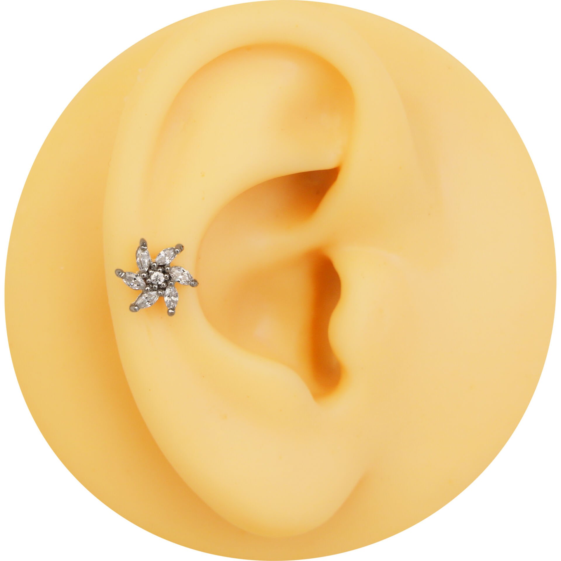 Altı Yapraklı Çiçek Figürlü Zirkon Taşlı 6x1,2 mm Çelik Piercing, Helix-Kıkırdak-Lobe-Auricle
