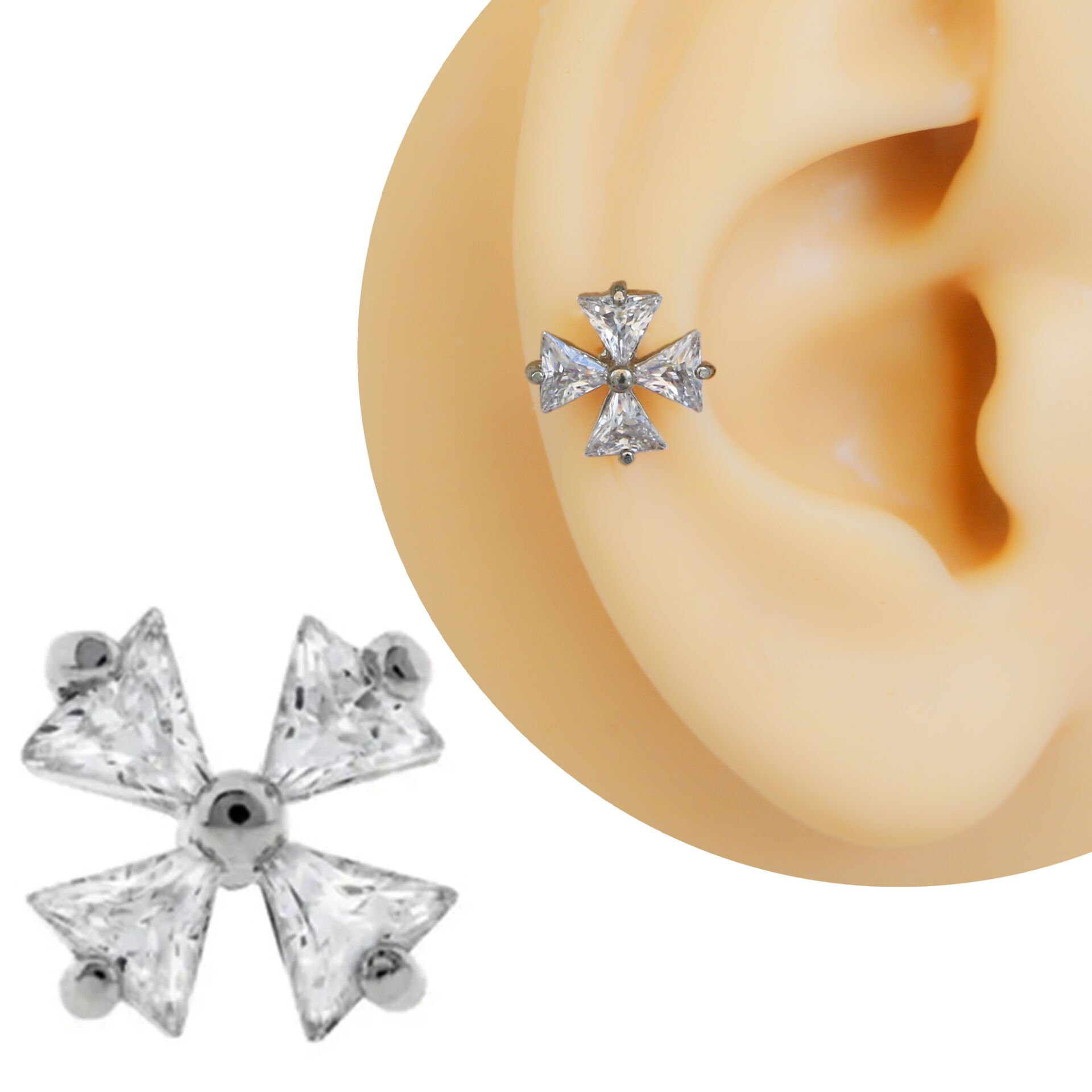 Üçgen Zirkon Cross Figürlü Flatback 6x1,2 mm Çelik Piercing, Helix-Kıkırdak-Conch-Lobe-Tragus