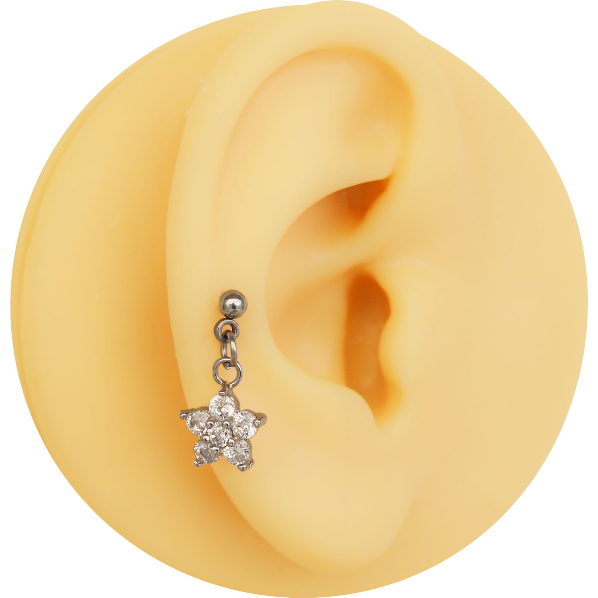 Zirkon Sallantılı Yıldız 6x1,2 mm Çelik Piercing, Helix-Kıkırdak-Lobe-Auricle