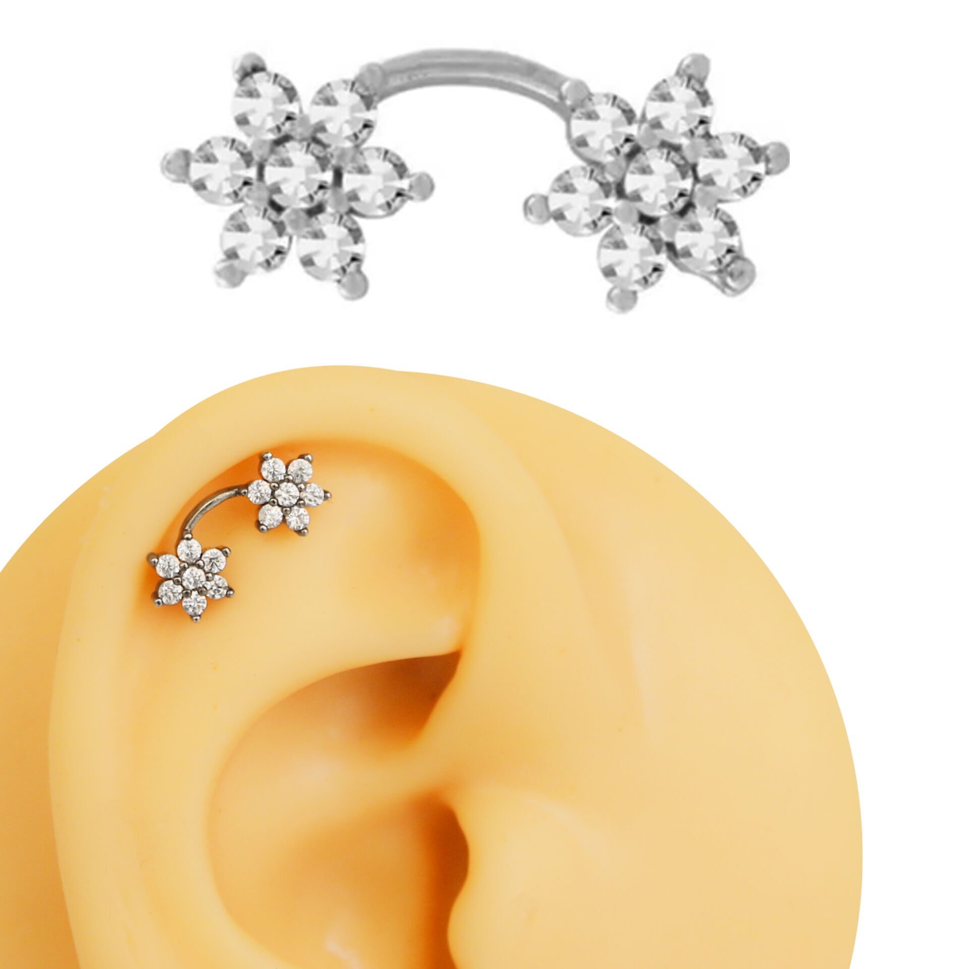 Çift Çiçek Figürlü Zirkon Taşlı 6x1,2 mm Çelik Piercing, Helix-Kıkırdak-Lobe-Auricle