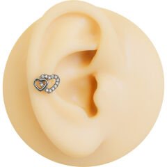 Çift Kalp Figürlü Zirkon Taşlı 6x1,2 mm Çelik Piercing, Helix-Kıkırdak-Lobe-Auricle