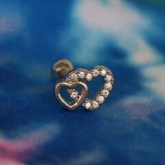 Çift Kalp Figürlü Zirkon Taşlı 6x1,2 mm Çelik Piercing, Helix-Kıkırdak-Lobe-Auricle