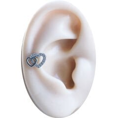 Çift Kalp Figürlü Zirkon Taşlı 6x1,2 mm Çelik Piercing, Helix-Kıkırdak-Lobe-Auricle