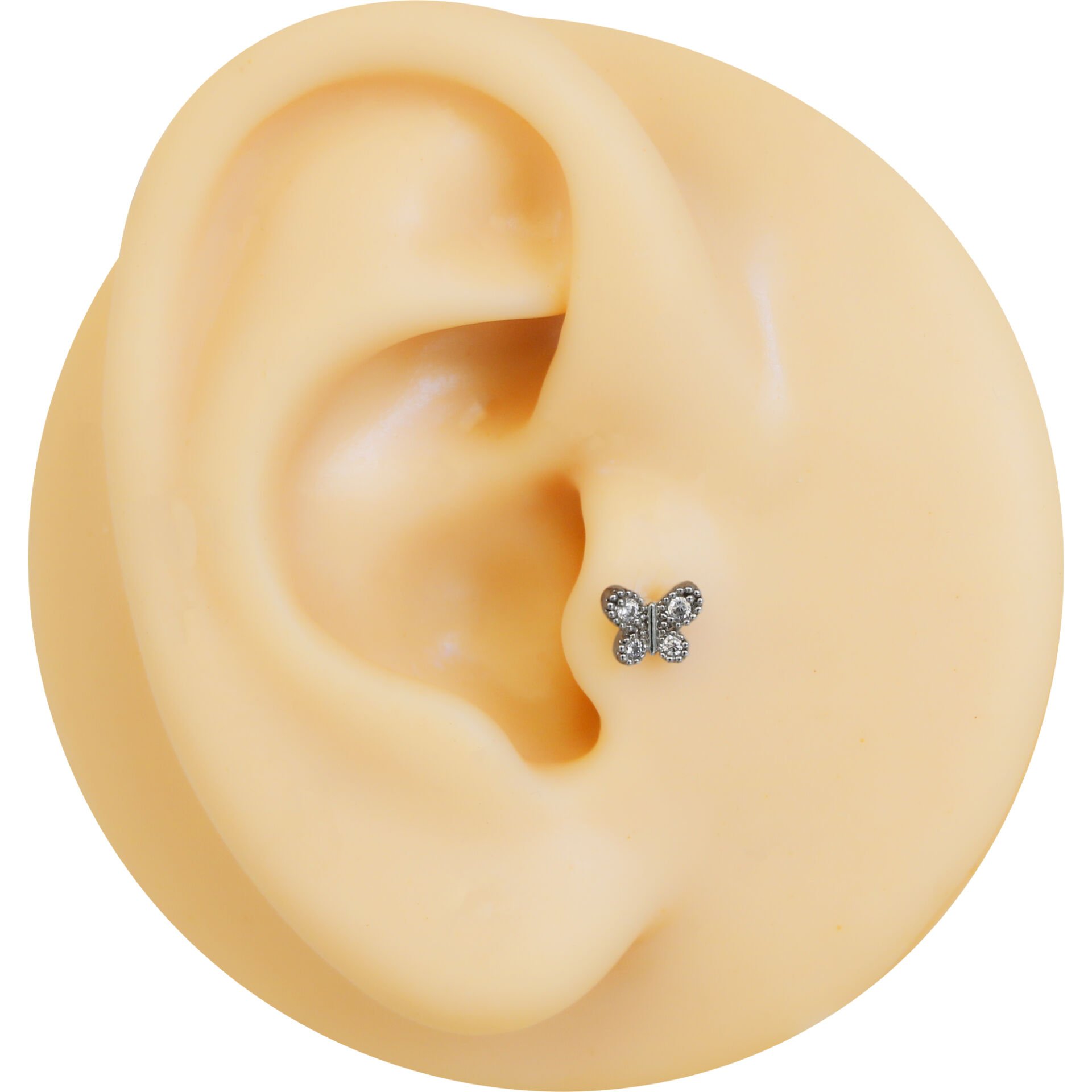 Zirkon Taşlı Kelebek Figürlü Flatback 6x1,2 mm Çelik Piercing, Helix-Kıkırdak-Conch-Lobe-Tragus