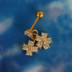 Çift Çiçek Sallantılı Zirkon Taşlı 6x1,2 mm Gold Çelik Piercing, Helix-Kıkırdak-Lobe-Auricle