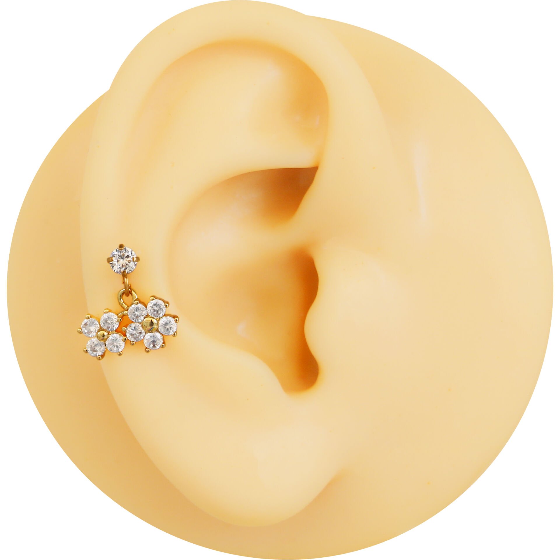 Çift Çiçek Sallantılı Zirkon Taşlı 6x1,2 mm Gold Çelik Piercing, Helix-Kıkırdak-Lobe-Auricle