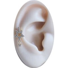 Çift Yıldız Sallantılı Zirkon Taşlı 6x1,2 mm Gold Çelik Piercing, Helix-Kıkırdak-Lobe-Auricle