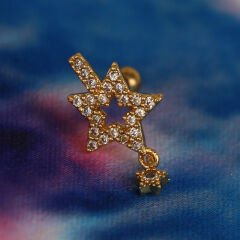 Çift Yıldız Sallantılı Zirkon Taşlı 6x1,2 mm Gold Çelik Piercing, Helix-Kıkırdak-Lobe-Auricle