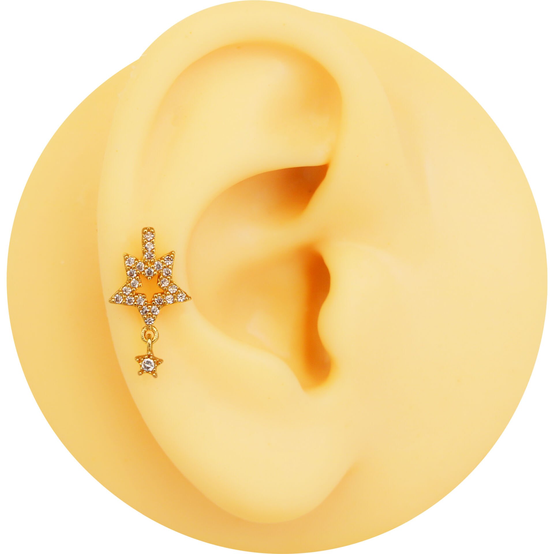 Çift Yıldız Sallantılı Zirkon Taşlı 6x1,2 mm Gold Çelik Piercing, Helix-Kıkırdak-Lobe-Auricle