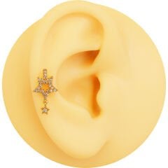 Çift Yıldız Sallantılı Zirkon Taşlı 6x1,2 mm Gold Çelik Piercing, Helix-Kıkırdak-Lobe-Auricle