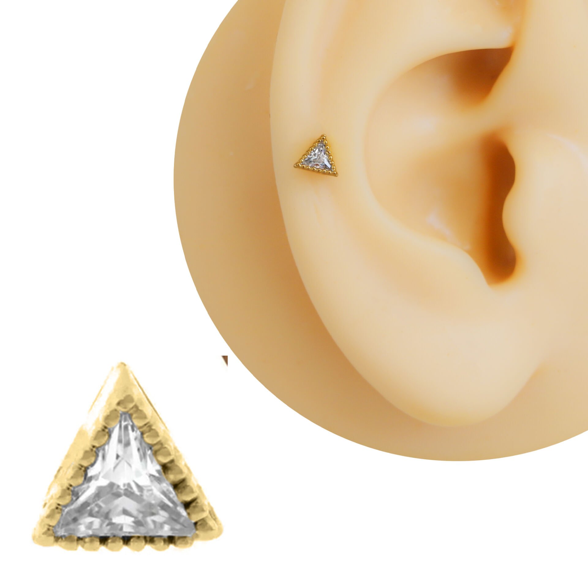 Üçgen Zirkon Taşlı Flatback 6x1,2 mm Gold Çelik Piercing, Helix-Kıkırdak-Conch-Lobe-Tragus