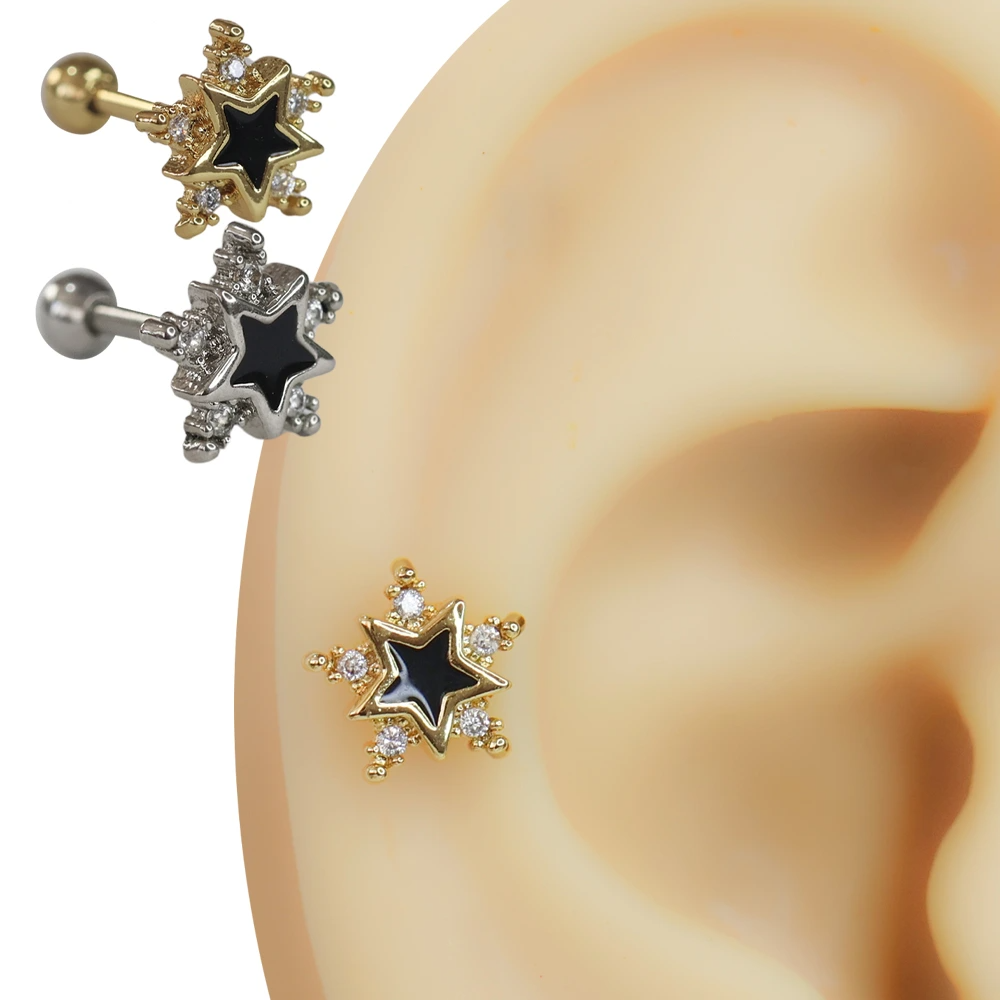 Gümüş ve sarı renk seçenekleri bulunan siyah merkezli ve parlak taş süslemeli yıldız helix piercing modeli