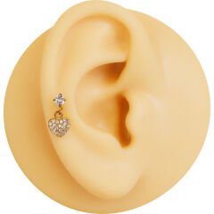 Zirkon Taşlı Kalp Sallantılı 6x1,2 mm Gold Çelik Piercing, Helix-Kıkırdak-Lobe-Auricle