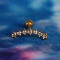 Zirkon Taşlı Kavis 6x1,2 mm Gold Çelik Piercing, Helix-Kıkırdak-Lobe-Auricle