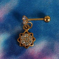 Zirkon Taşlı Çiçek 6x1,2 mm Gold Çelik Piercing, Helix-Kıkırdak-Lobe-Auricle