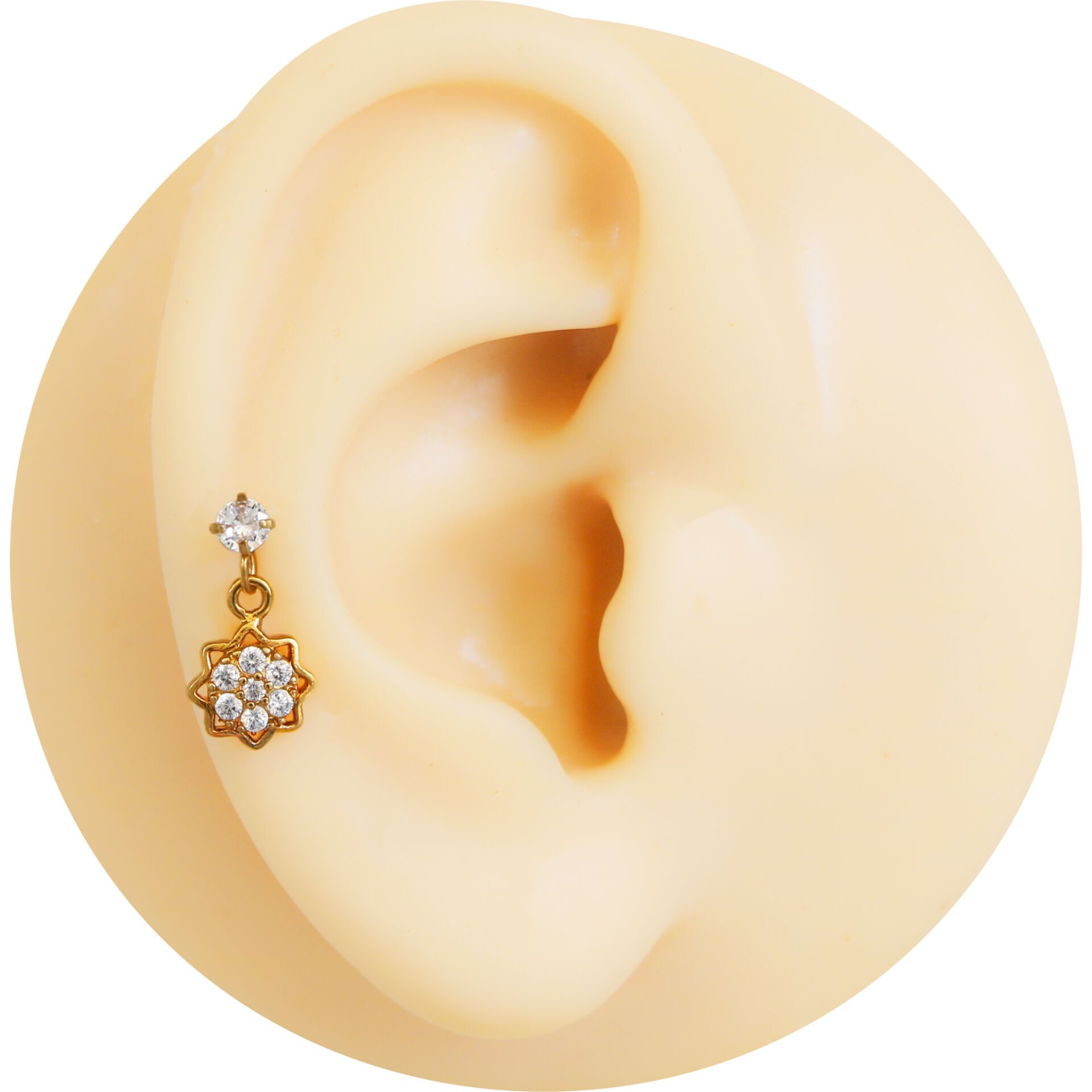 Zirkon Taşlı Çiçek 6x1,2 mm Gold Çelik Piercing, Helix-Kıkırdak-Lobe-Auricle