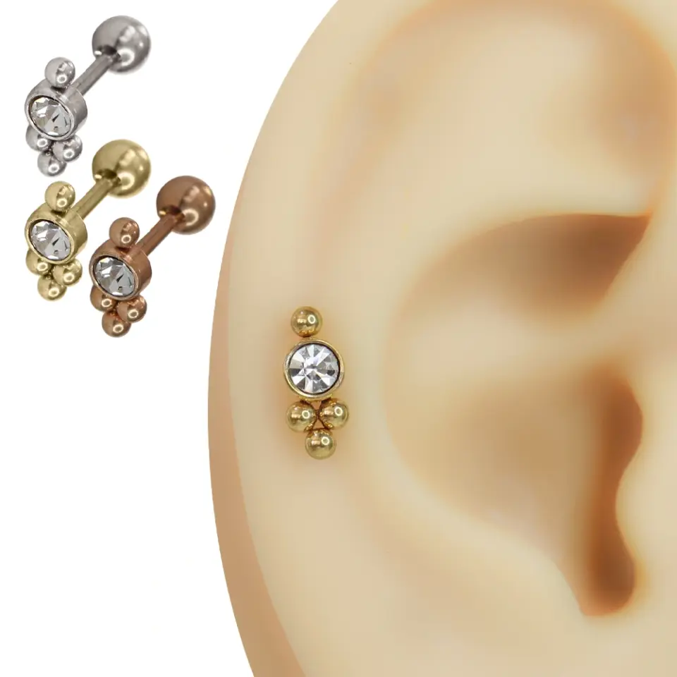 Ortası berrak taşlı, çevresi küçük top süslemeli rose, gümüş ve sarı renk helix piercing çeşitleri