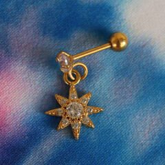 Zirkon Taşlı Sekiz Köşeli Yıldız 6x1,2 mm Gold Çelik Piercing, Helix-Kıkırdak-Lobe-Auricle