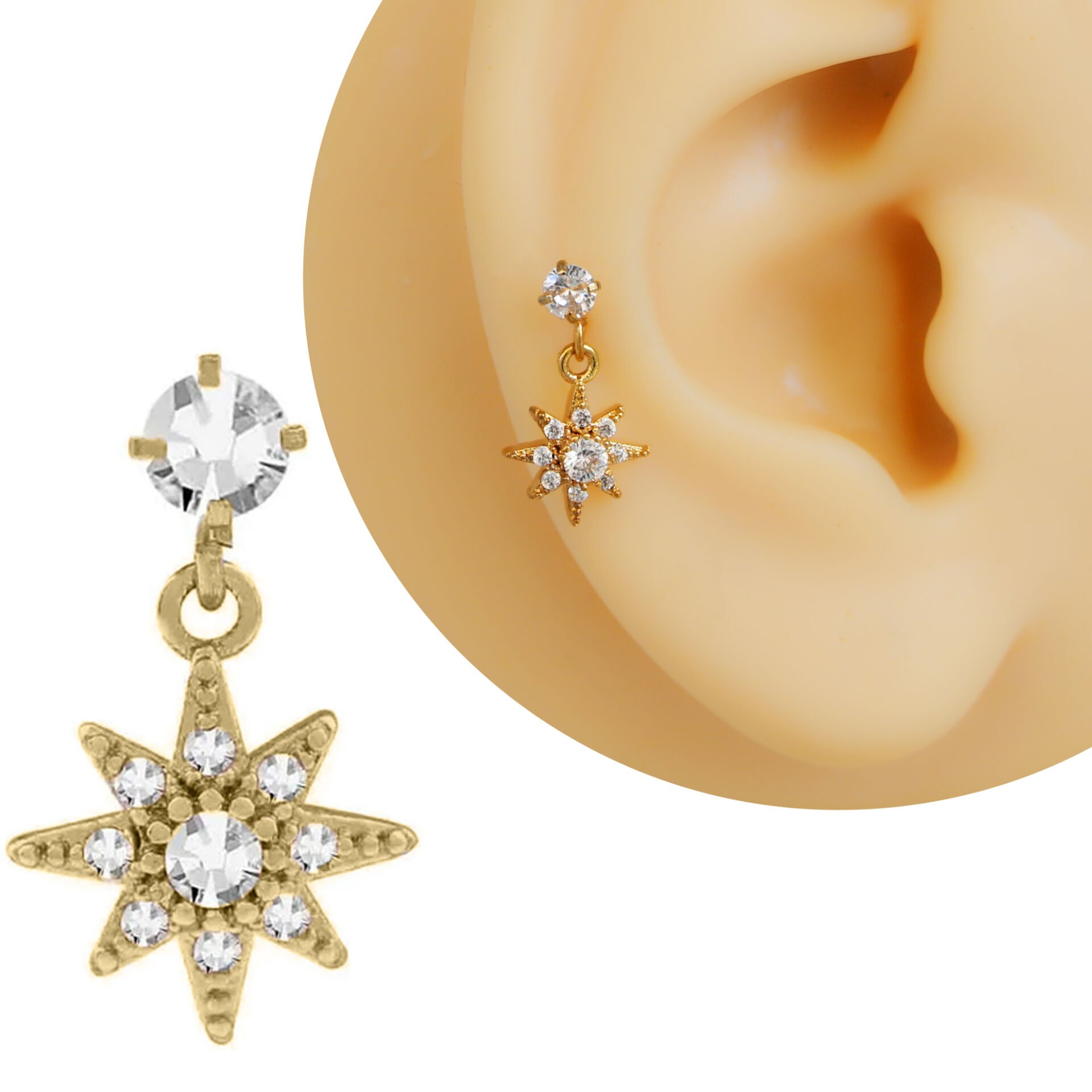 Zirkon Taşlı Sekiz Köşeli Yıldız 6x1,2 mm Gold Çelik Piercing, Helix-Kıkırdak-Lobe-Auricle