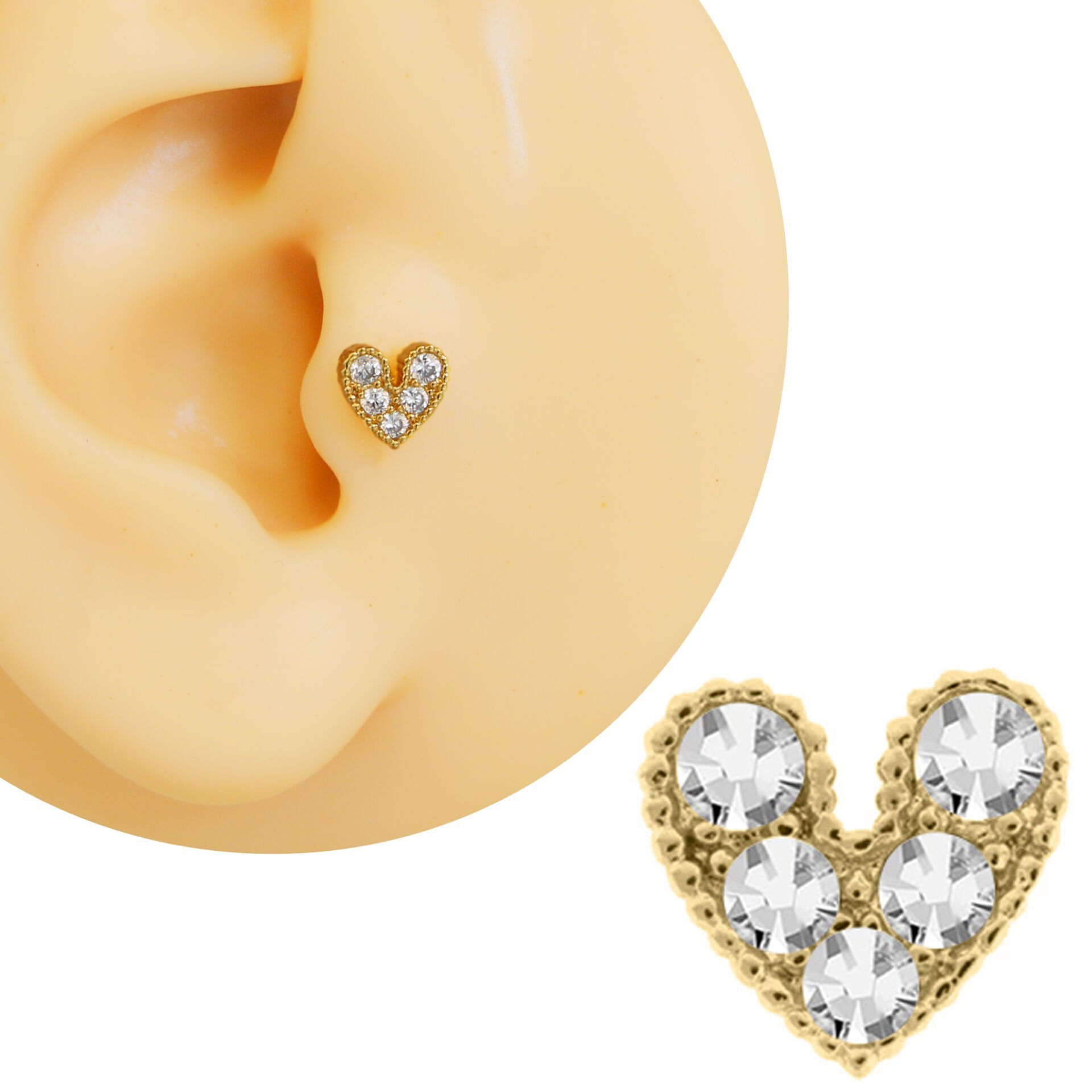 Kalp Zirkon Taşlı Flatback 6x1,2 mm Gold Çelik Piercing, Helix-Kıkırdak-Conch-Lobe-Tragus