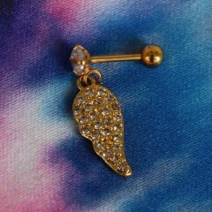 Kanat Figürlü Sallantılı Zirkon 6x1,2 mm Gold Çelik Piercing, Helix-Kıkırdak-Lobe-Auricle