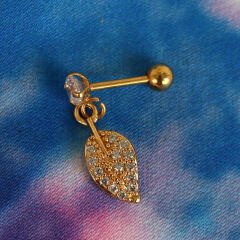 Yaprak Figürlü Zirkon Sallantılı 6x1,2 mm Gold Çelik Piercing, Helix-Kıkırdak-Lobe-Auricle
