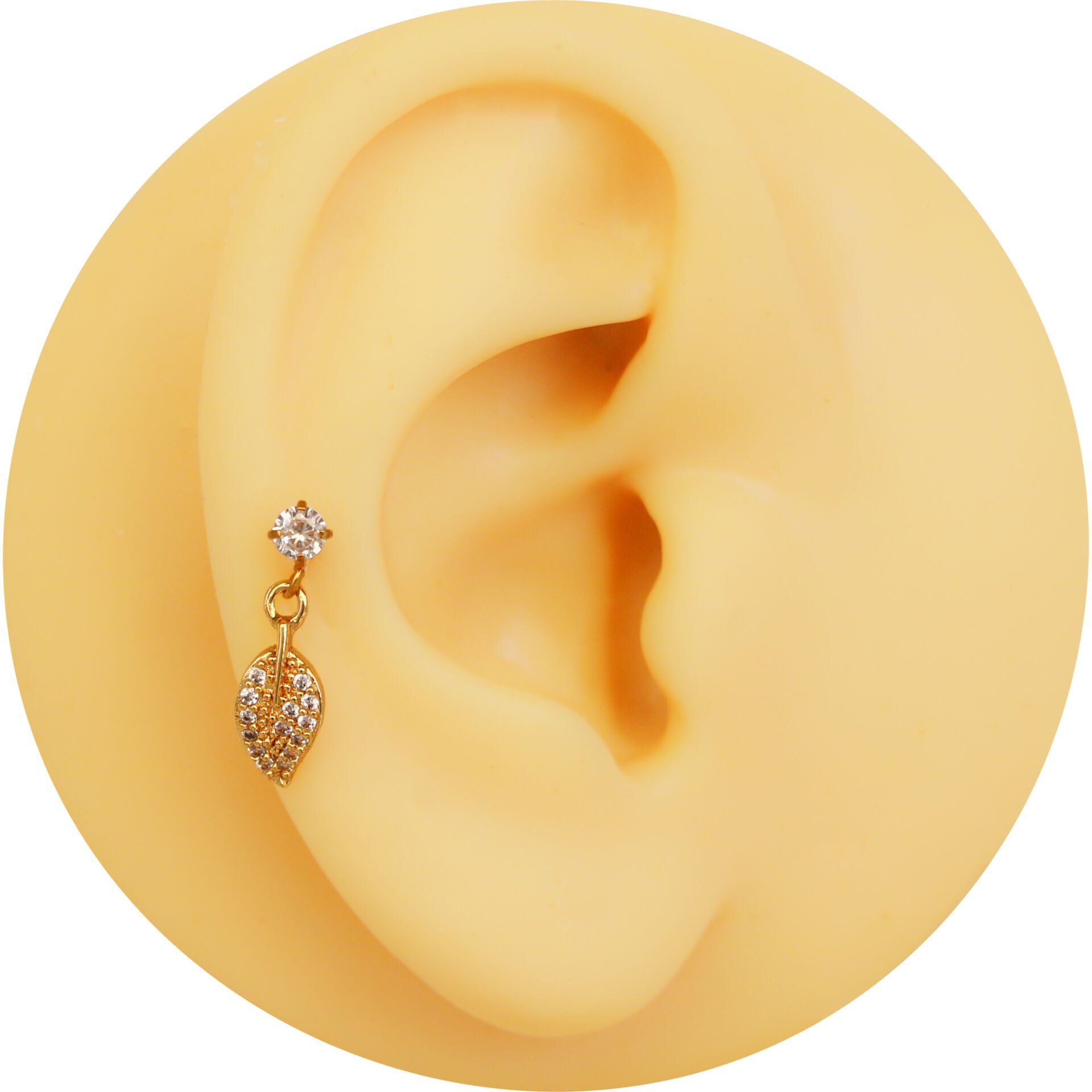 Yaprak Figürlü Zirkon Sallantılı 6x1,2 mm Gold Çelik Piercing, Helix-Kıkırdak-Lobe-Auricle