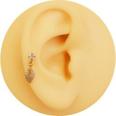 Yaprak Figürlü Zirkon Sallantılı 6x1,2 mm Gold Çelik Piercing, Helix-Kıkırdak-Lobe-Auricle