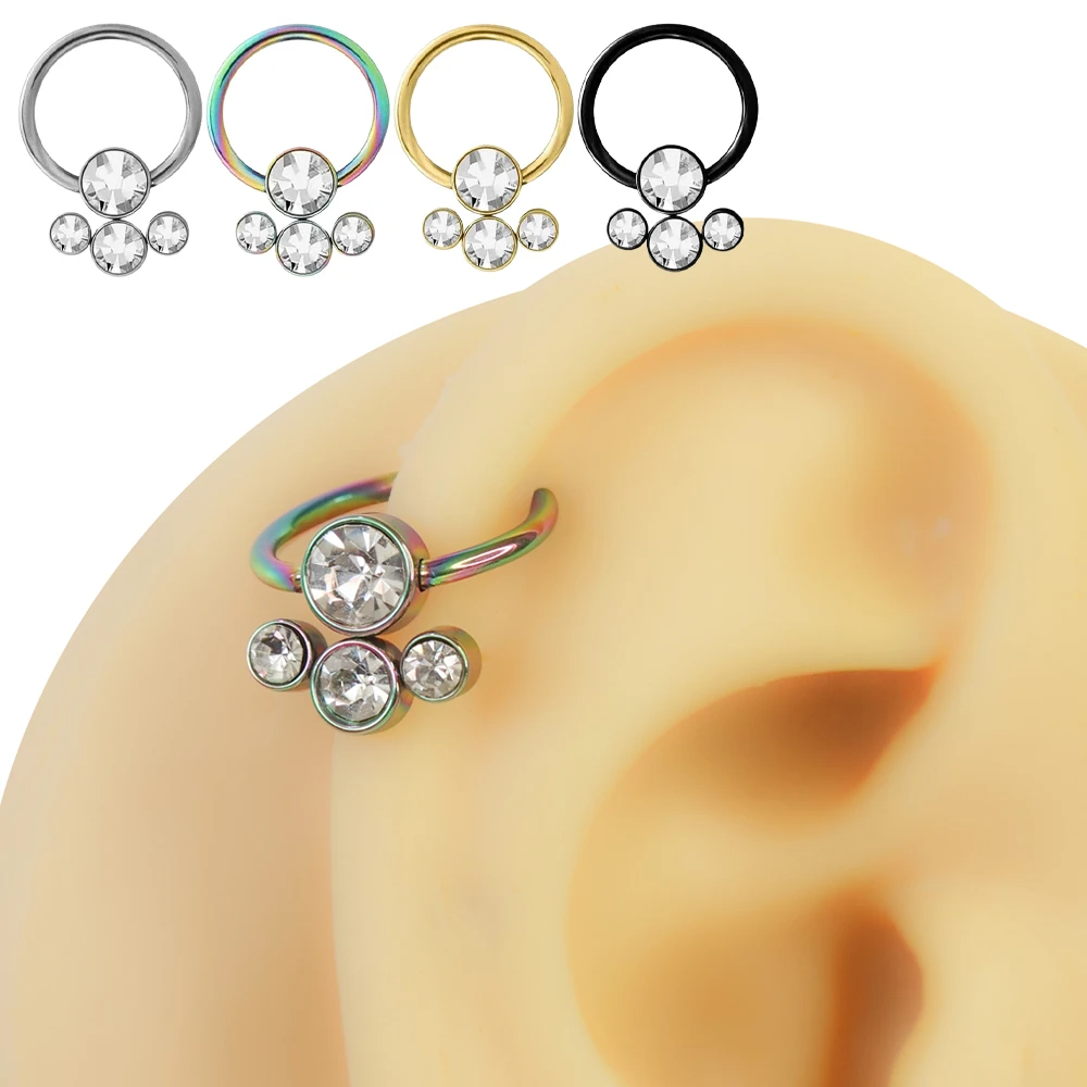 gümüş, gökkuşağı, sarı ve siyah renkli dört adet şeffaf zirkon taşlı sallantılı uca sahip 316L cerrahi çelik halka piercing modelleri