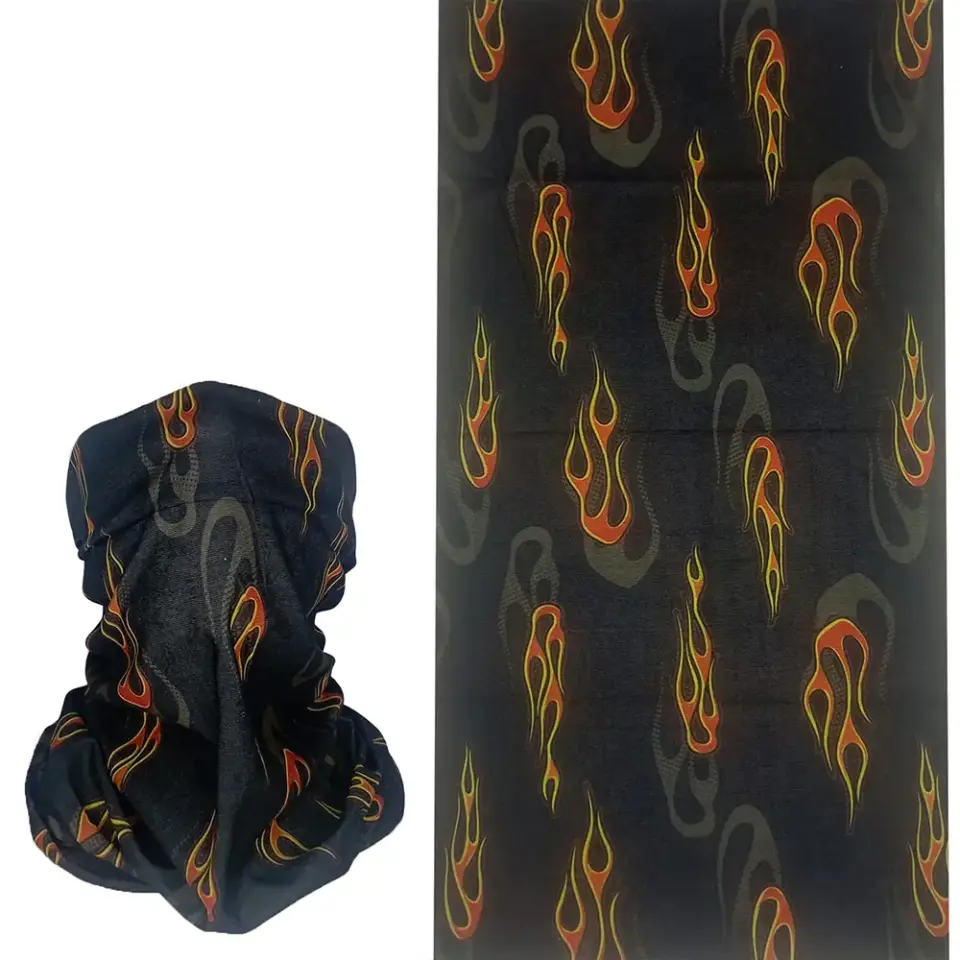 Siyah zeminli turuncu alev desenli, saça ve boyuna bağlanabilen çok amaçlı buff boru bandana saç bandı.