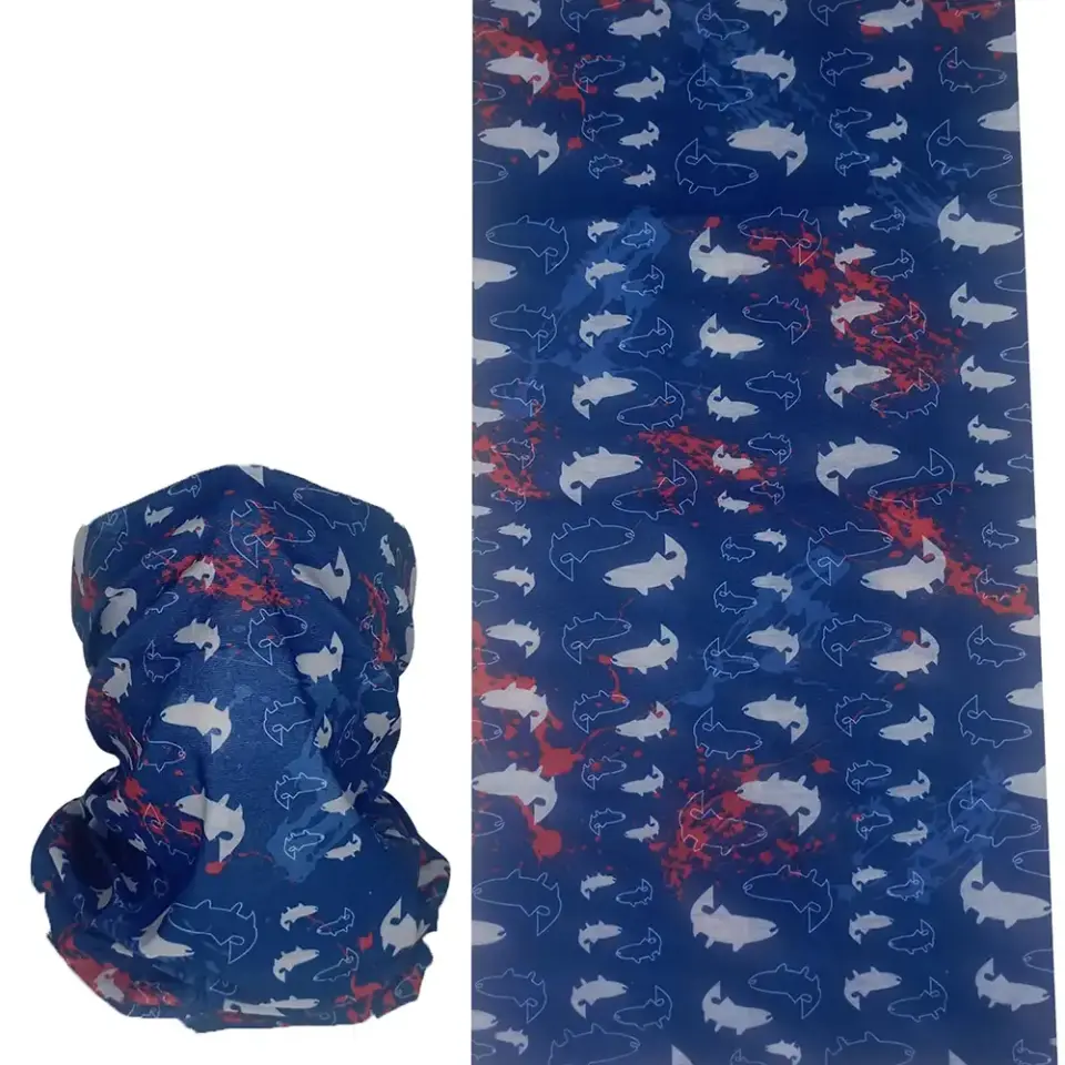 Mavi zeminli balık ve kırmızı sıçrama desenli, saça ve boyuna bağlanabilen çok amaçlı buff boru bandana saç bandı.