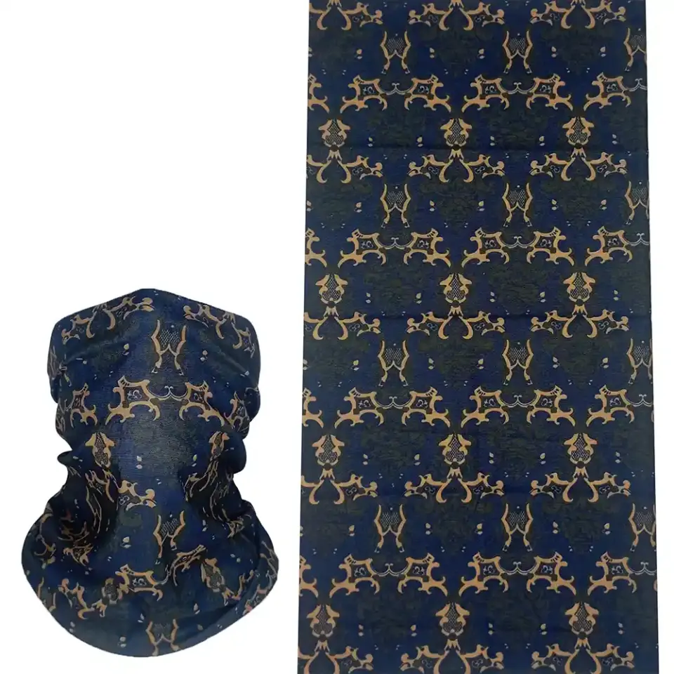 Lacivert ve altın saray nakışı desenli, saça ve boyuna bağlanabilen çok amaçlı buff boru bandana saç bandı.