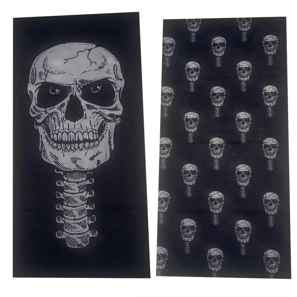 Beyaz kurukafa ve omurga desenli, saça ve boyuna bağlanabilen çok amaçlı buff boru bandana saç bandı.