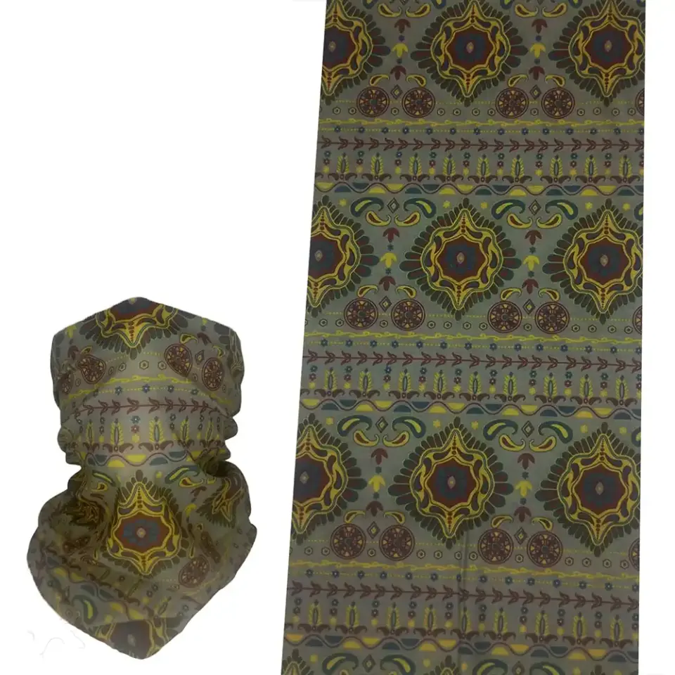 Haki tonlarda etnik motif desenli, saça ve boyuna bağlanabilen çok amaçlı buff boru bandana saç bandı.