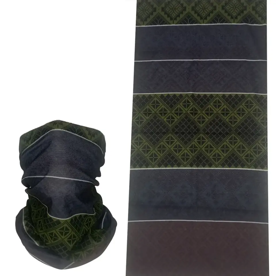Haki ve koyu gri geometrik kilim desenli, saça ve boyuna bağlanabilen çok amaçlı buff boru bandana saç bandı.