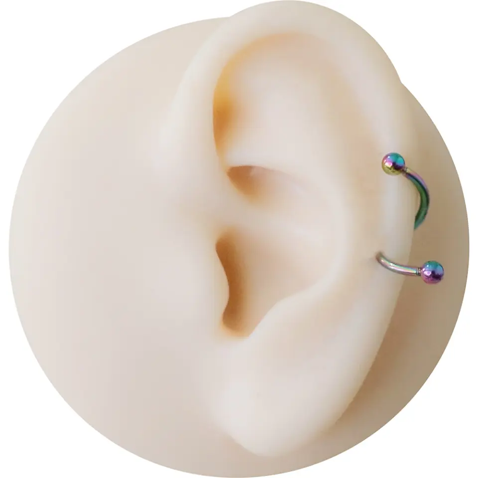 Dudak ve tragus bölgesinde sergilenen gökkuşağı kararmayan toplu spiral dudak kıkırdak halka piercing