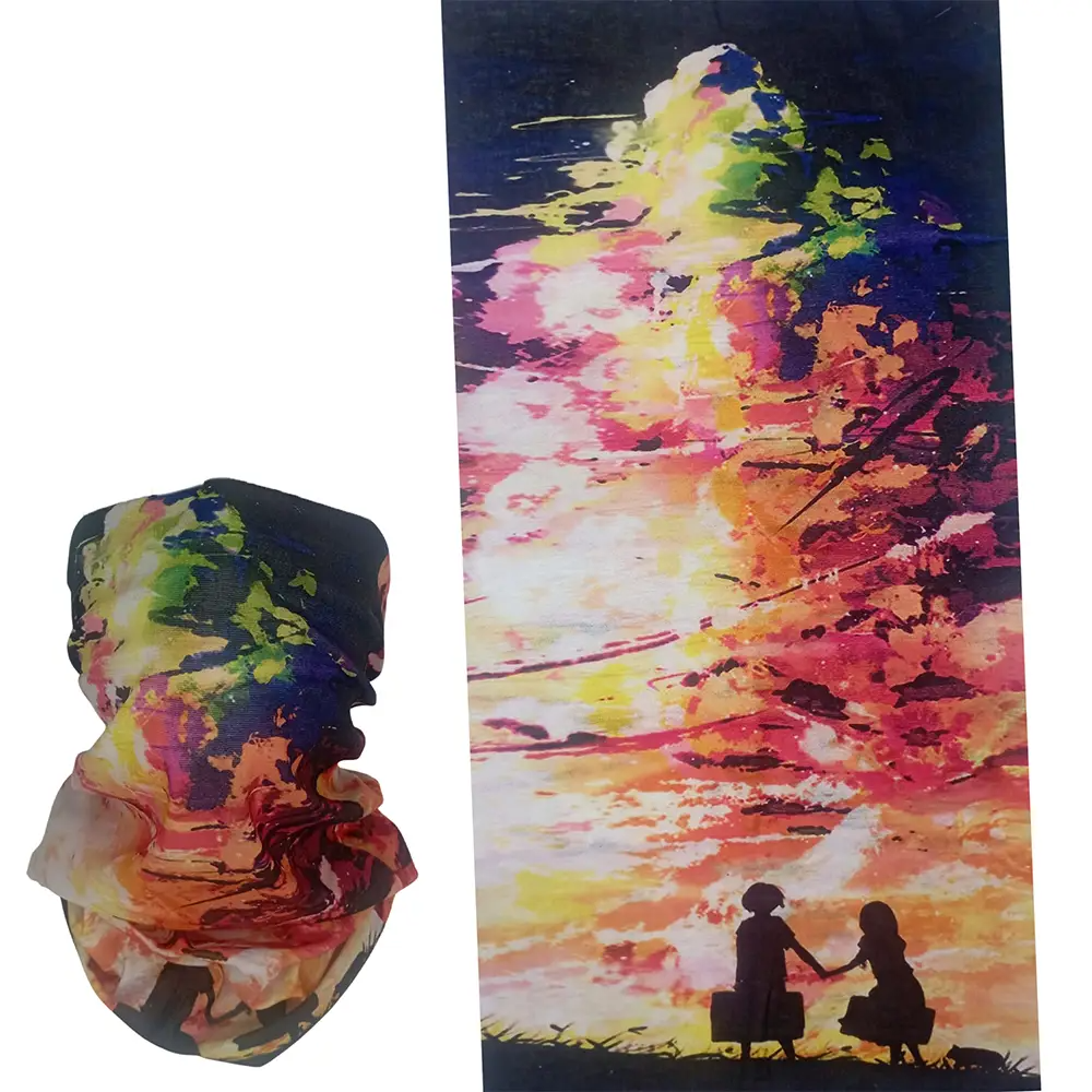 Renkli bulut ve sanatsal boya desenli, saça ve boyuna bağlanabilen çok amaçlı buff boru bandana saç bandı.