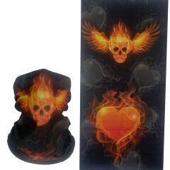 Alevli Kafatası ve Kalp Desenli Boru Bandana | 25x50 cm Microfiber Unisex Buff