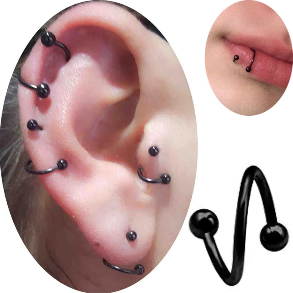 Siyah Çelik Toplu Spiral Halka Piercing, Tragus-Lobe-Helix-Dudak-Auricle-Kıkırdak
