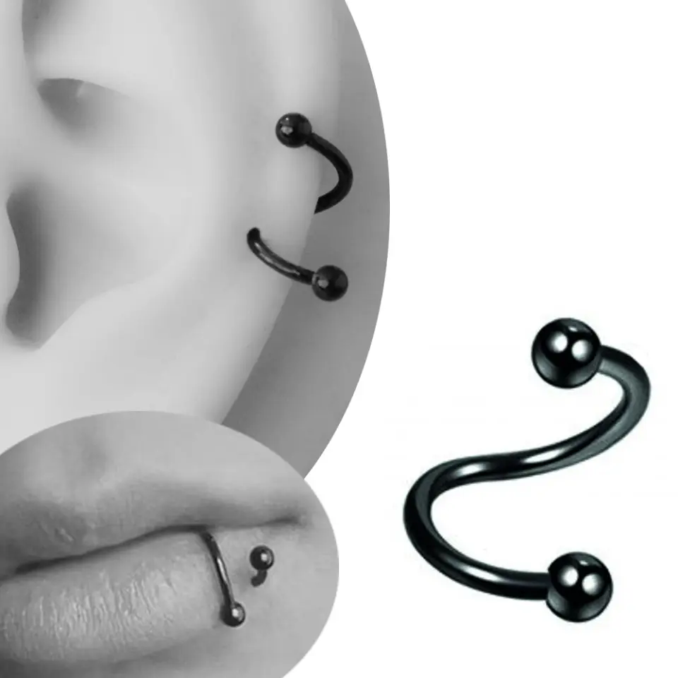 Siyah renkli toplu spiral tasarımı 316L cerrahi çelik spiral dudak kıkırdak halka piercing