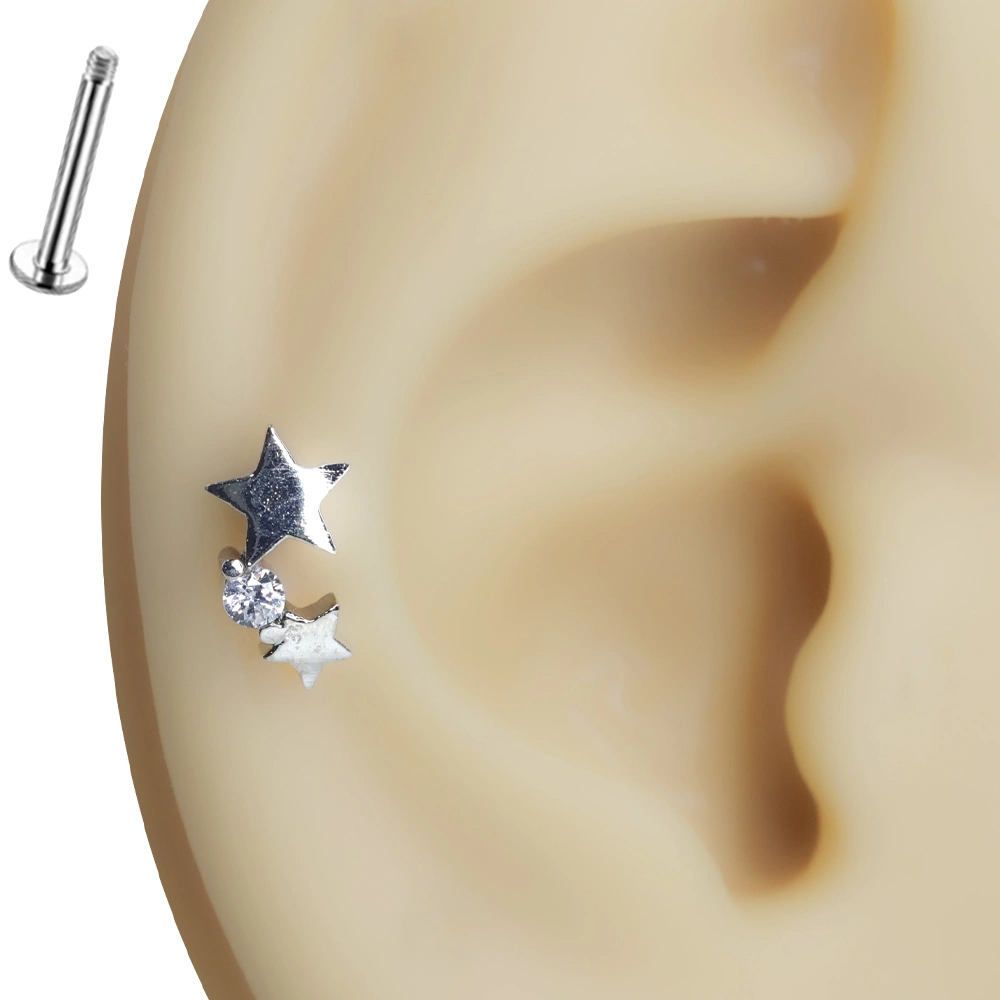 Farklı renk seçenekleri ile sunulan zirkon taşlı tragus helix kıkırdak piercing modelleri