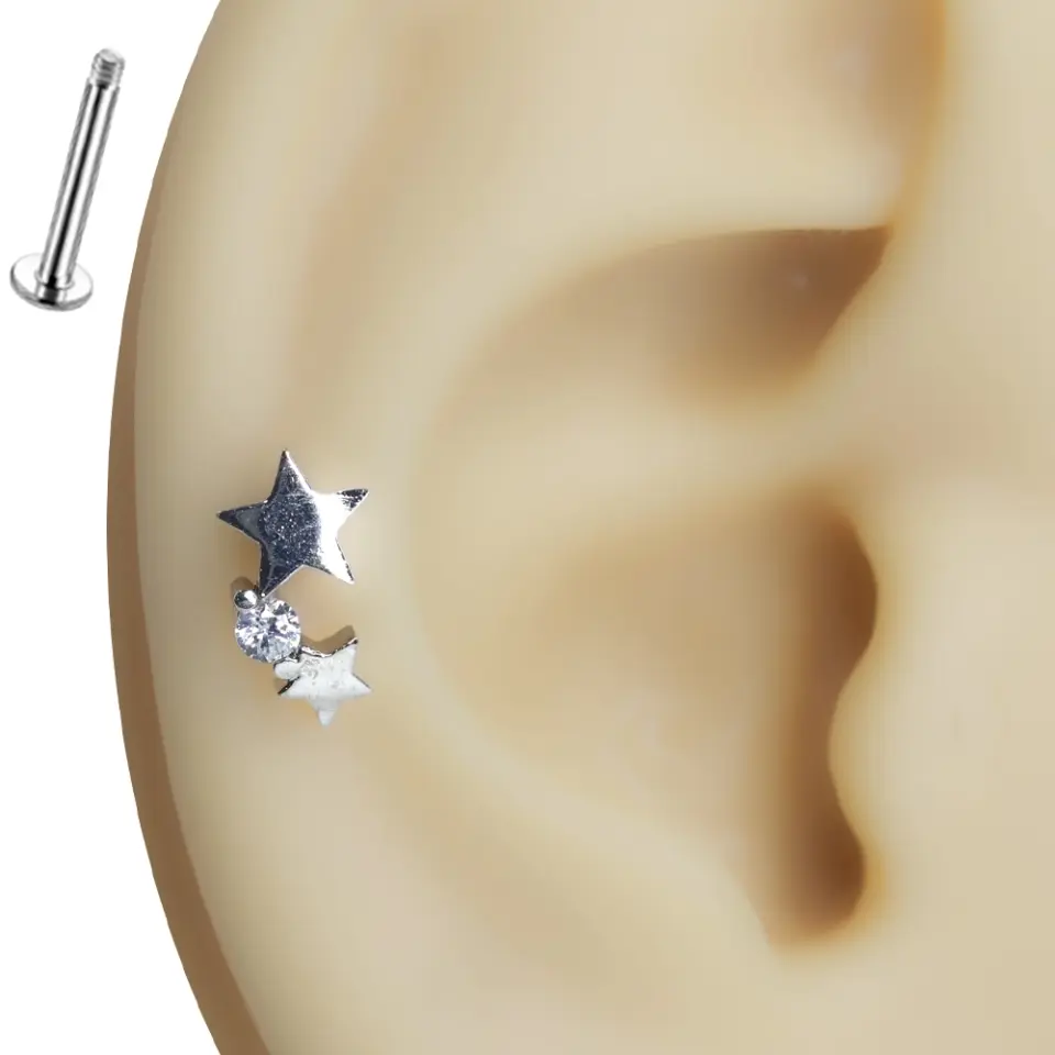 Farklı renk seçenekleri ile sunulan zirkon taşlı tragus helix kıkırdak piercing modelleri
