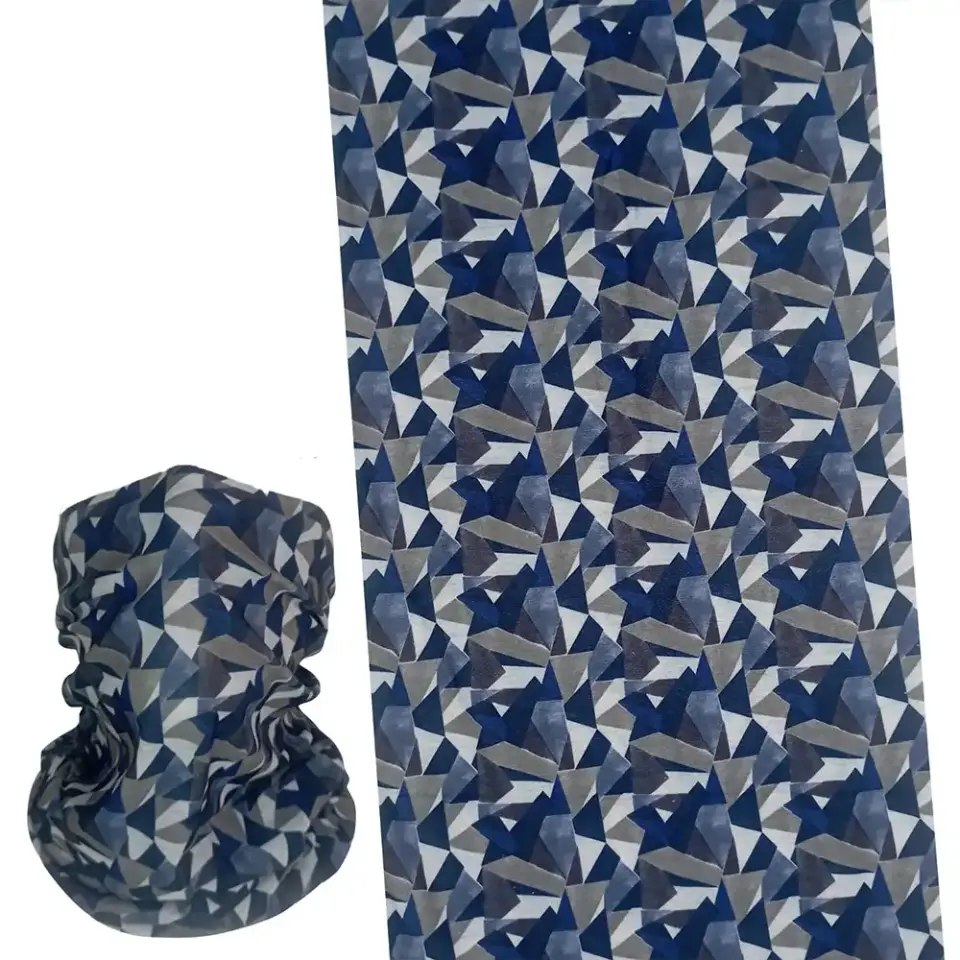 Geometrik mavi desenli, saça ve boyuna bağlanabilen çok amaçlı buff boru bandana saç bandı.