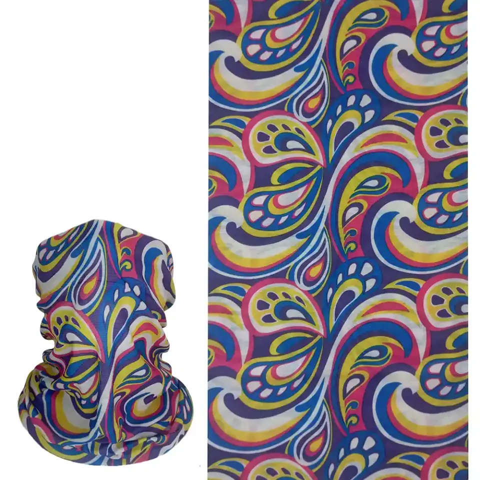 Soyut sarmal ve damla desenli, saça ve boyuna bağlanabilen çok amaçlı buff boru bandana saç bandı.